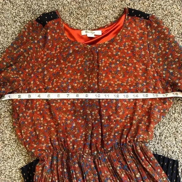 - pleated FLORAL MIDI DRESS LONG SLEEVE BURGUNDY AND NAVY BLUE SIZE L - Picture 5 of 6